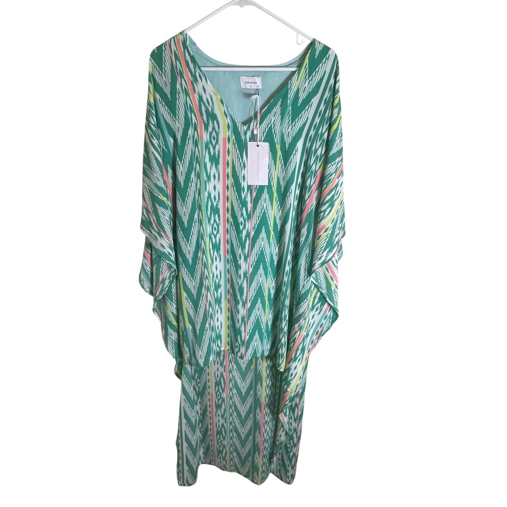 Adrienne High Low Ikat Kaftan Women Medium Green Geometric V-Neck